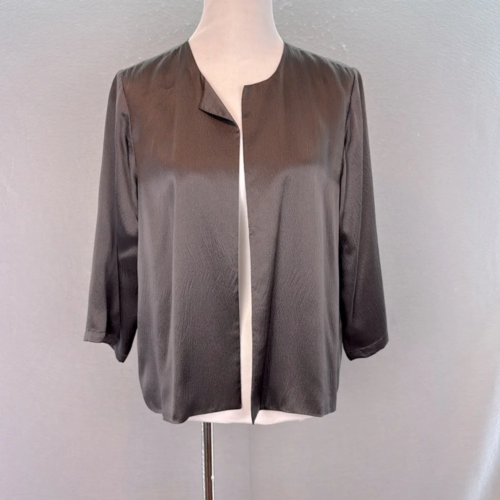 Eileen Fisher - women’s 100% silk dark Brown Open front Jacket 3/4 sleeves top M
